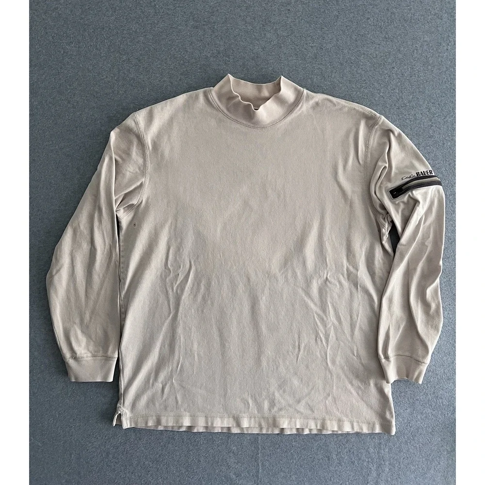 Eddie Bauer Mock Neck 100% Cotton L Long Sleeve Mens Shirt Beige Tan Putty Zip